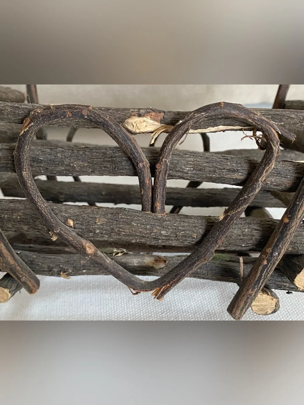VTG Rustic Primitive Twig Basket W Heart Double Sided Cottagecore Grannycore 9”